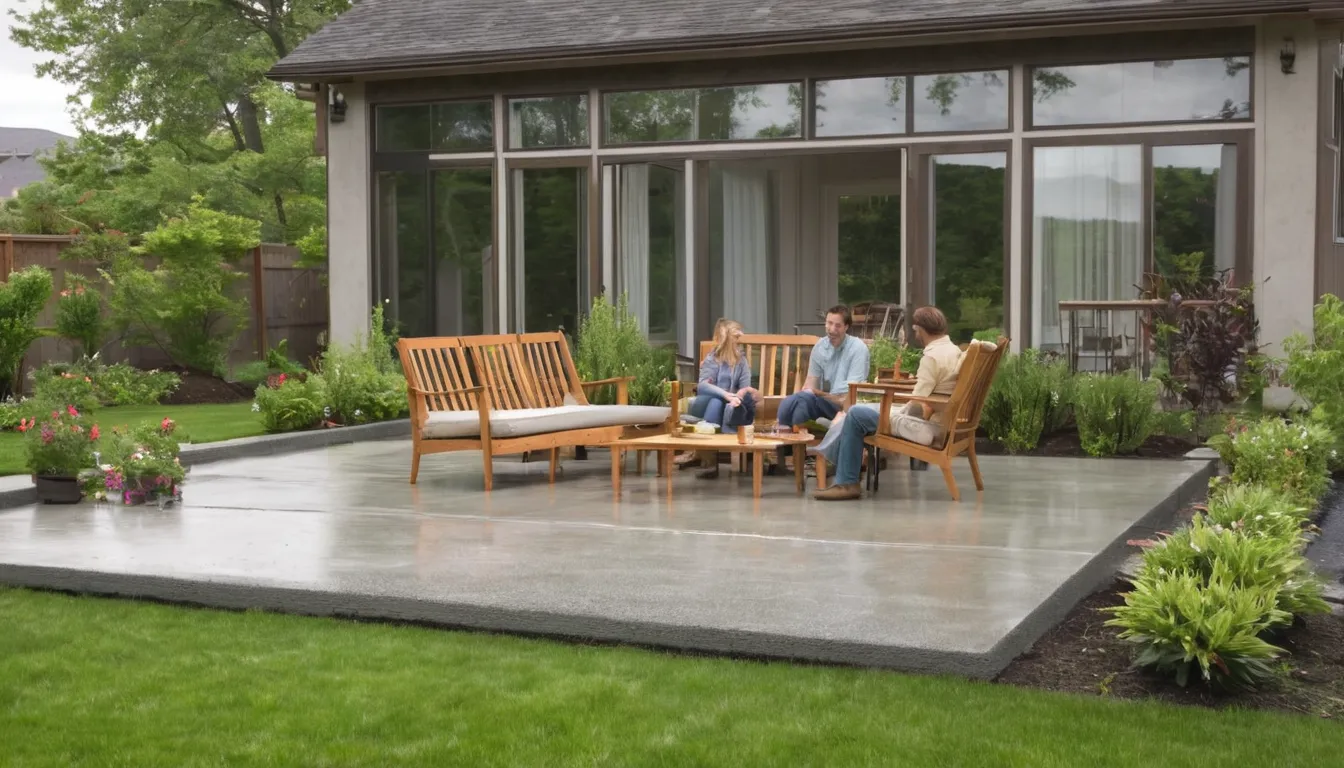 A finished concrete patio beside a Tacoma home with outdoor chairs and a table